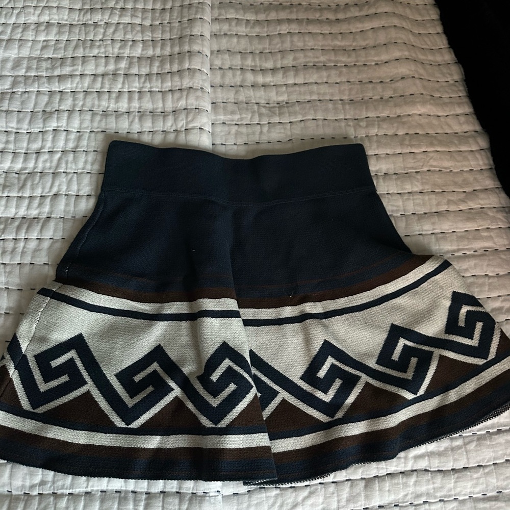 Aritzia Navy, Cream & Brown Geometric Knit Mini Skirt